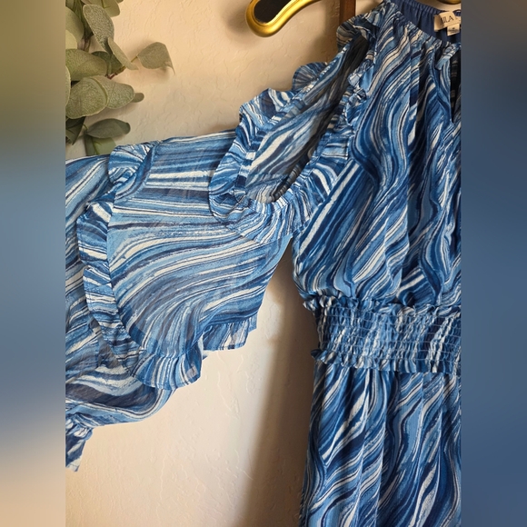 Mila Mae Blue Patterned Cold Shoulder Women's Midi Dress Size Small - Picture 4 of 8